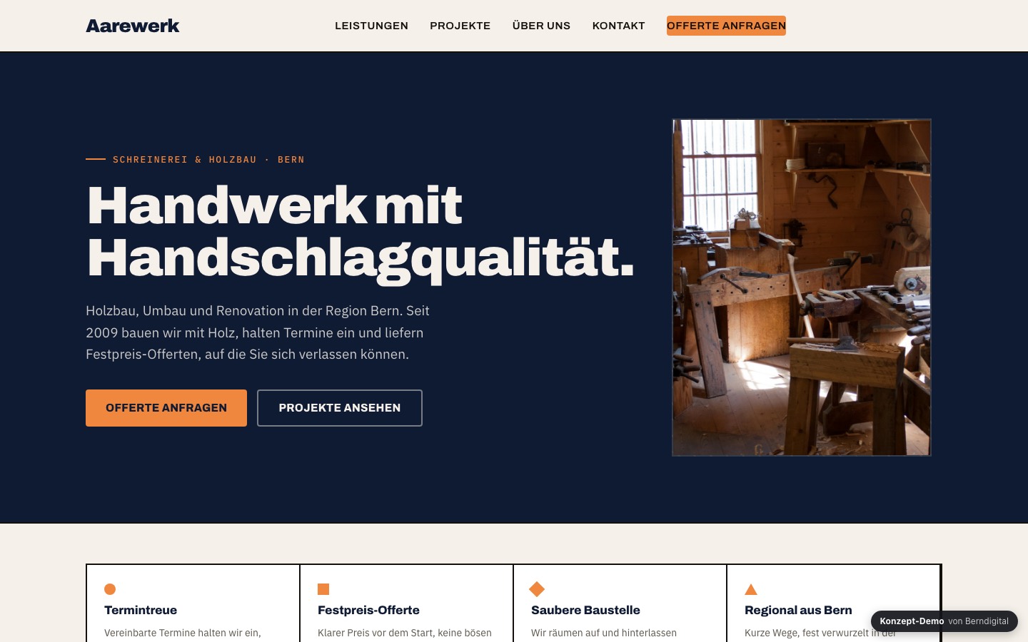 Startseite der Konzept-Demo Aarewerk für Handwerk und Bau