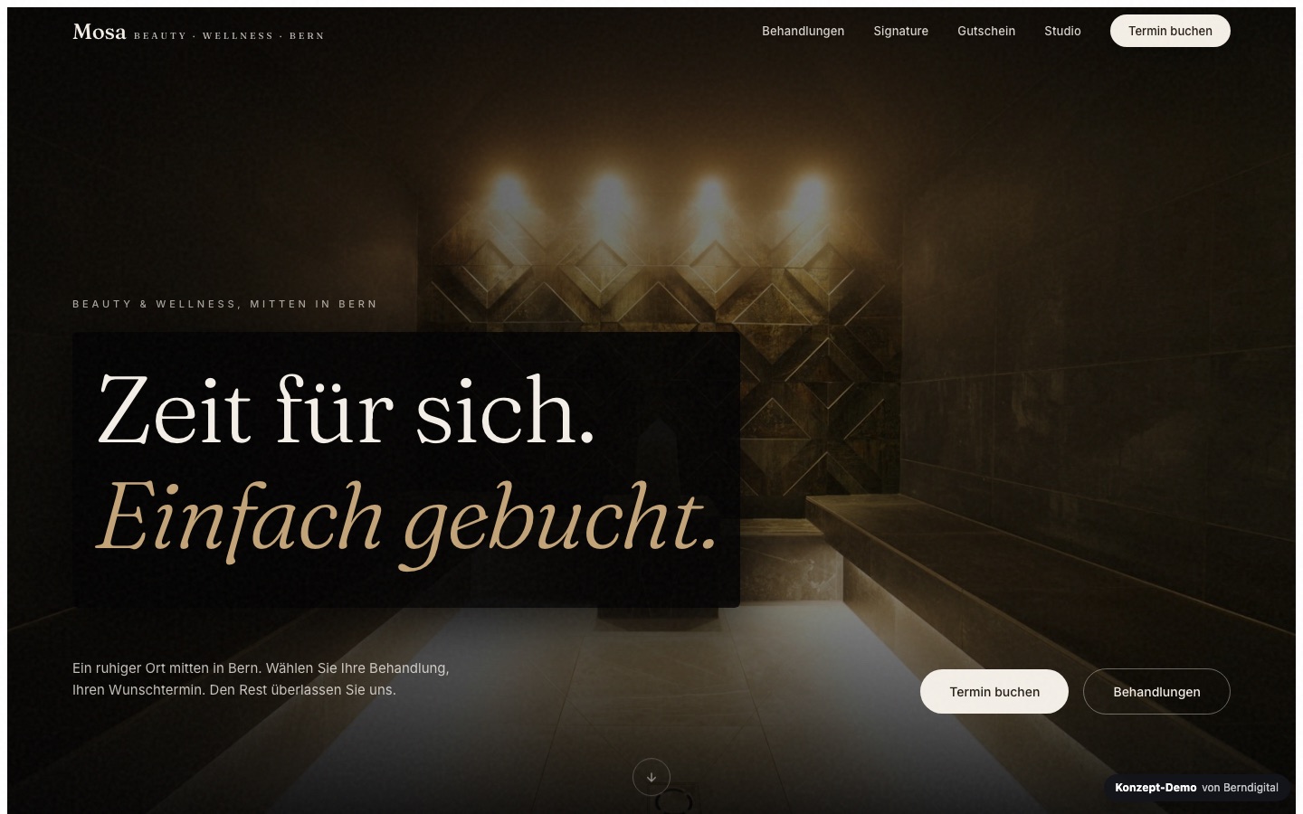 Startseite der Konzept-Demo Studio Mosa für Beauty und Wellness