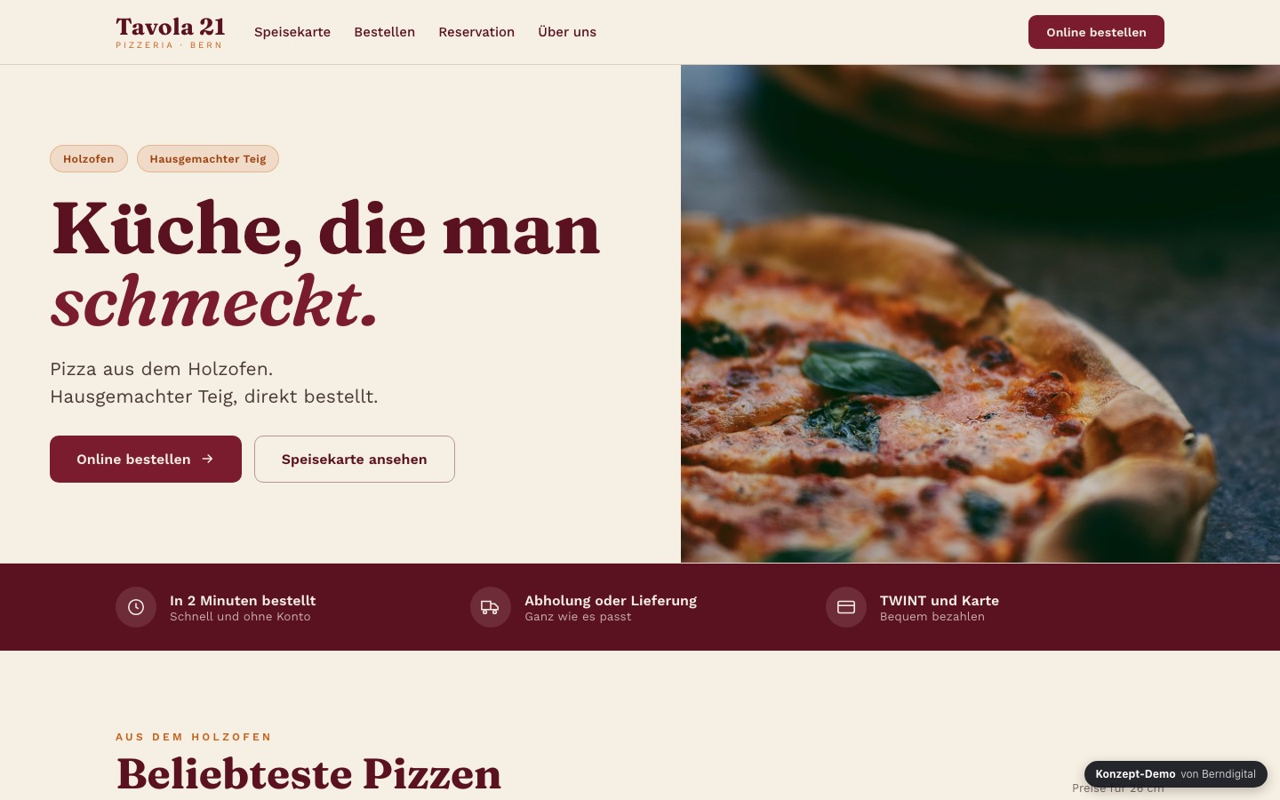 Startseite der Konzept-Demo Tavola 21 für Gastronomie